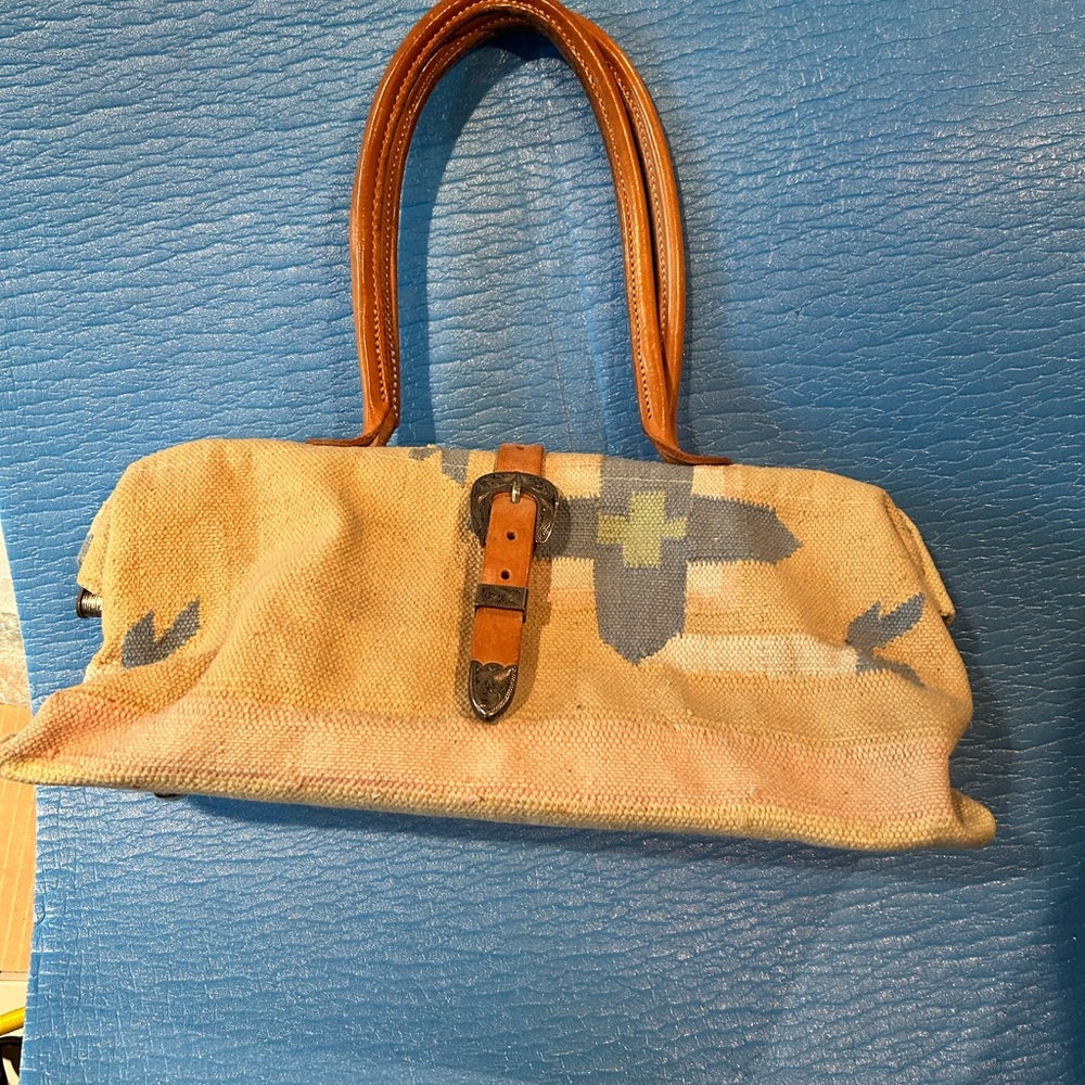 The Elephant Walk Bag Leather Fabric Camel Blue Hand Crafted.